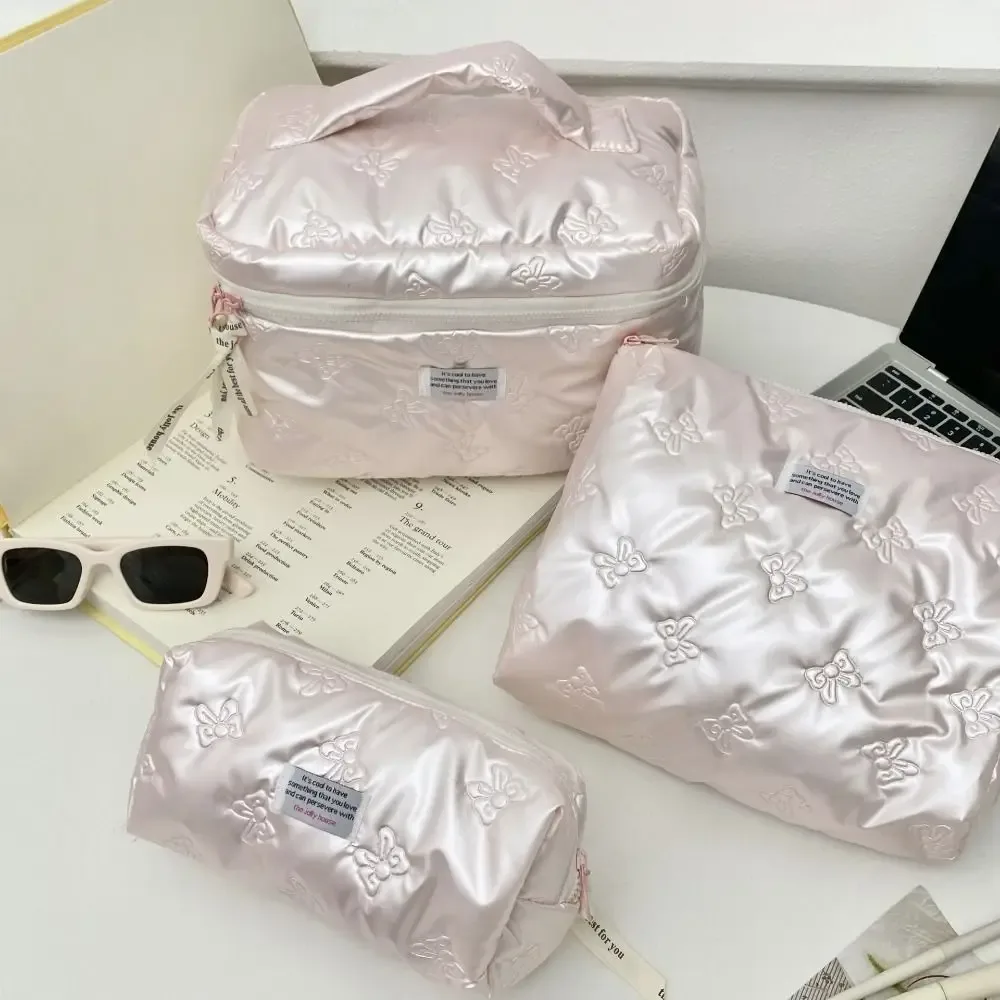 sac à cosmétiques élégant en matériau pu, compartiment de rangement, décoration d'arc, trousse de toilette, trousse de maquillage multifonction, organization quotidienne