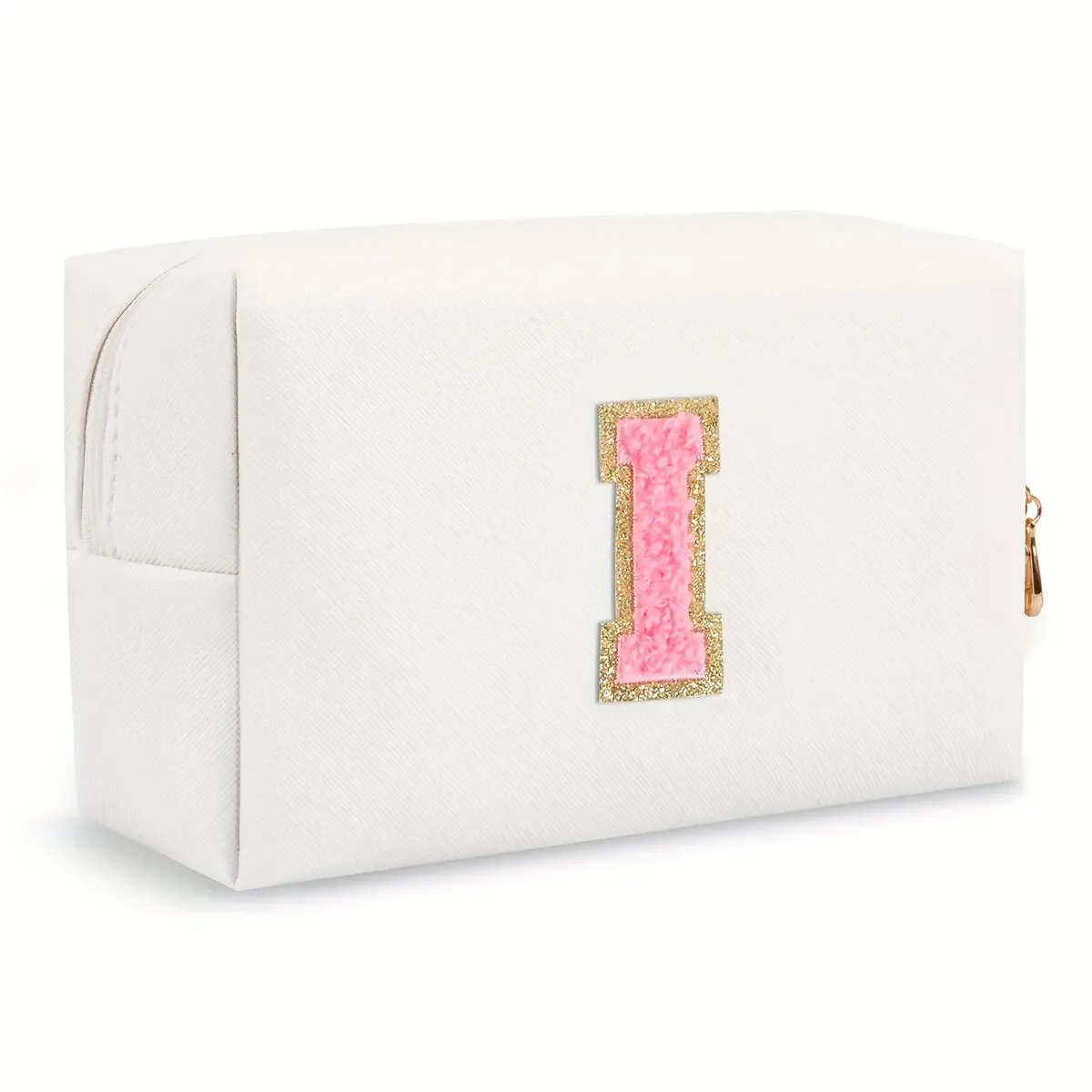 trousse de maquillage preppy pour femmes, trousse de toilette de voyage, sac à cosmétiques avec lettres en chenille, pochette étanche en cuir pu, joli organisateur à fermeture éclair-ll