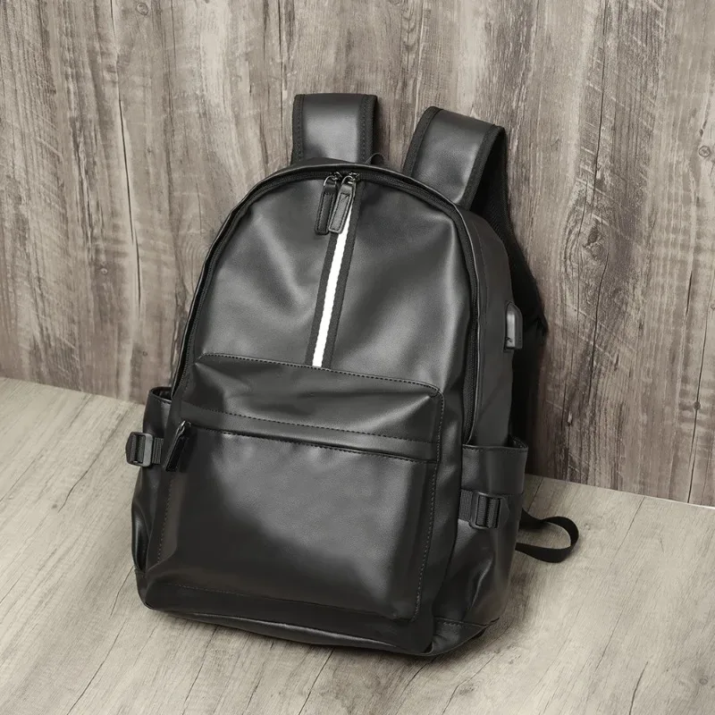 Sac à dos rayé à la mode pour hommes, sac de voyage de grande capacité avec USB, sacs à dos en cuir PU souple, cartable d'école pour étudiants