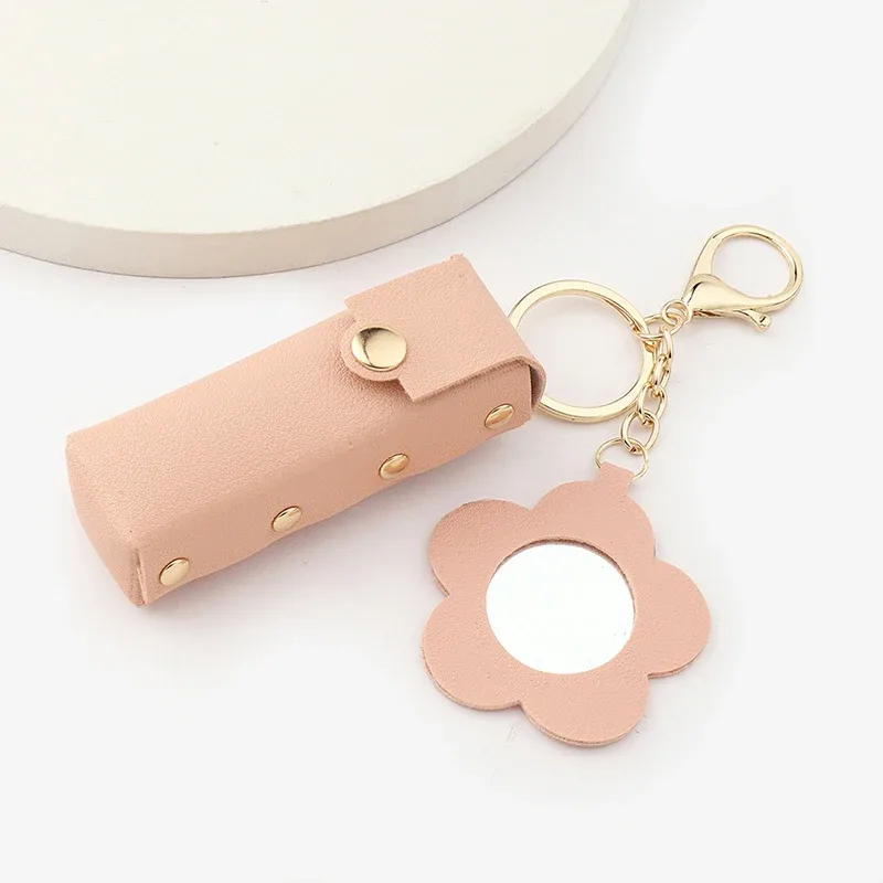 pochette à rouge à lèvres portable en cuir, porte-clés, breloque de sac, étui de protection créatif pour rouge à lèvres avec miroir, décoration de sac à dos, cadeau