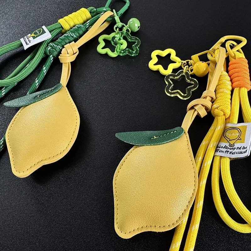 pendentif de sac à dos en cuir motif citron d'été, porte-clés en corde tressée en nylon, ornement décoratif