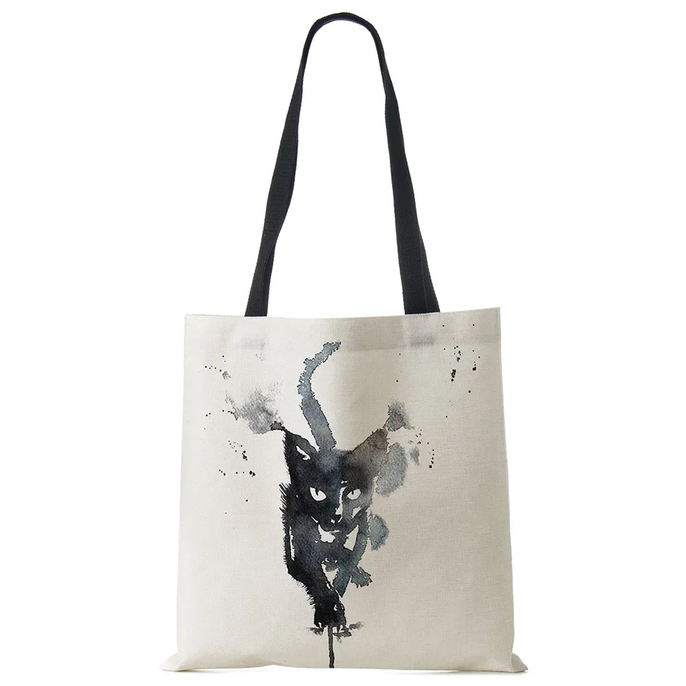 sacs fourre-tout de styliste pour femmes, sac à main écologique en tissu de lin imprimé chat noir sumi, sac à bandoulière réutilisable pour le bureau et le shopping