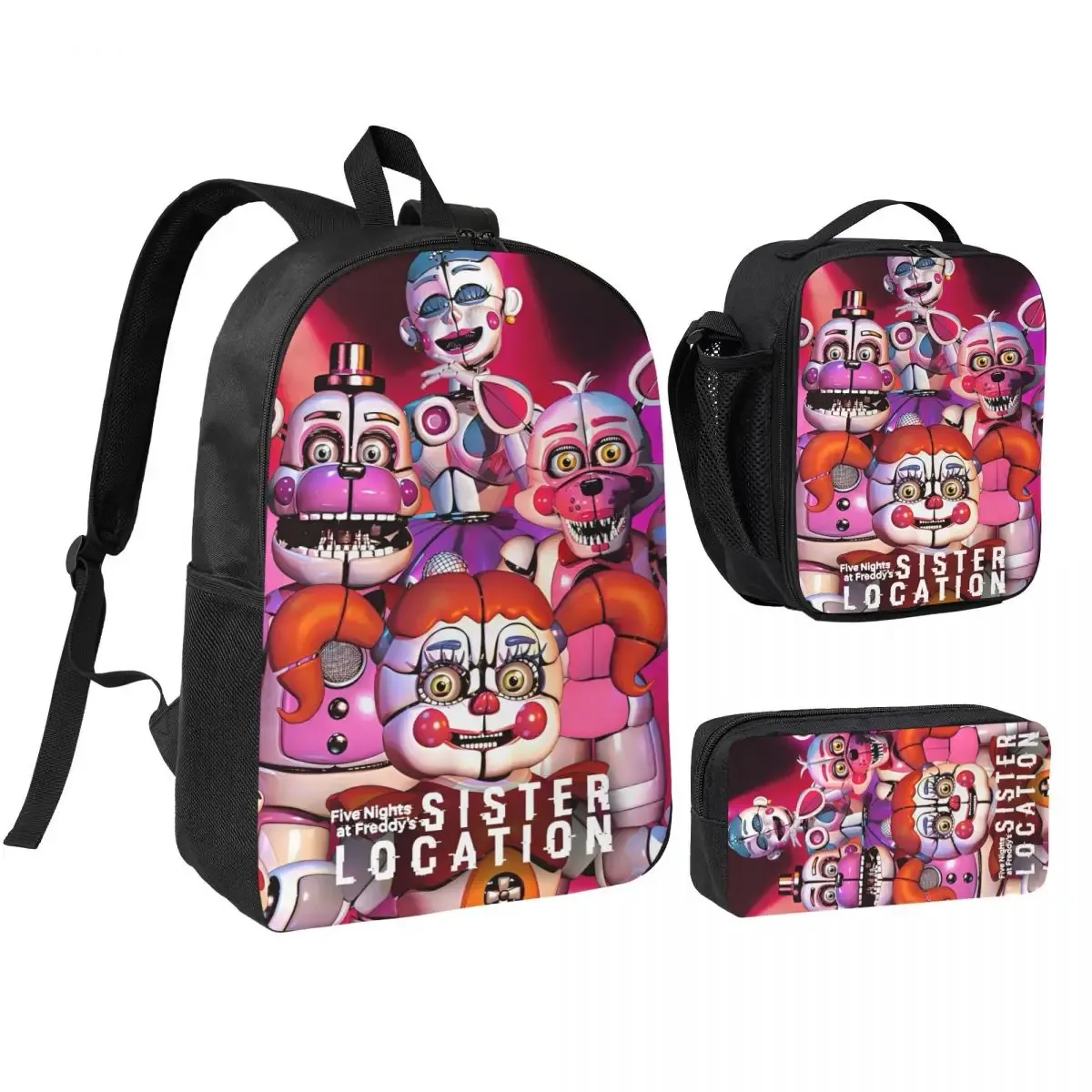 3pecs/ensemble glamrock fnaf sac à dos de jeu vidéo pour étudiant retour à l'école sacs en toile sac à déjeuner trousse à crayons