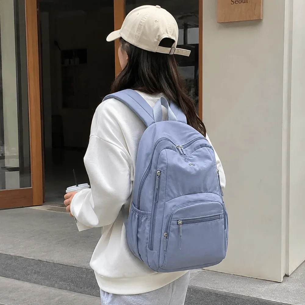 sac à dos scolaire en nylon grande capacité, imperméable, durable, léger, couleur unie, pour ordinateur portable, randonnée