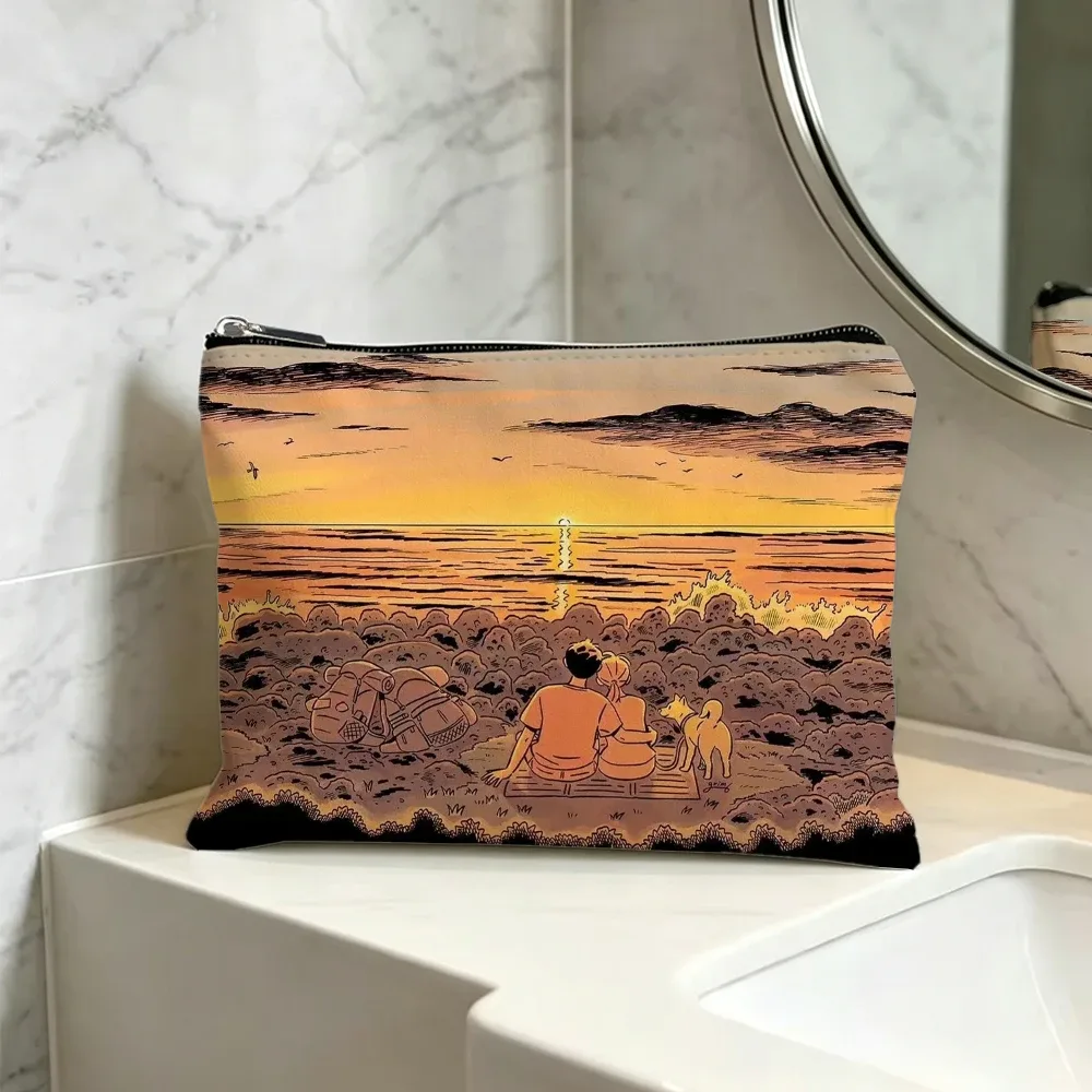 trousse de maquillage en toile sur le thème de la plage, pochette cosmétique de voyage avec fermeture éclair, organisateur de toilette portable pour femmes et filles.