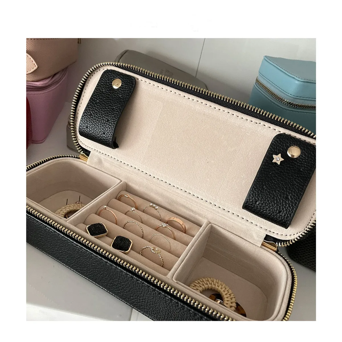 sac cosmétique en cuir de galets de chancelier personnalisé gratuit pour femmes, boîte de rangement de bijoux de boucle d'oreille, boîte à bijoux de voyage en cuir inforleather à fermeture éclair