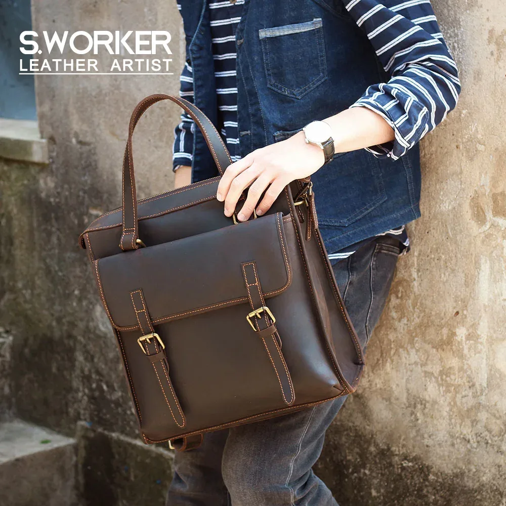 Sac à dos pour ordinateur portable en cuir véritable vintage S.WORKER, sac d'école décontracté pour homme, sac en cuir de vachette Crazy Horse, sacoche, sac à bandoulière