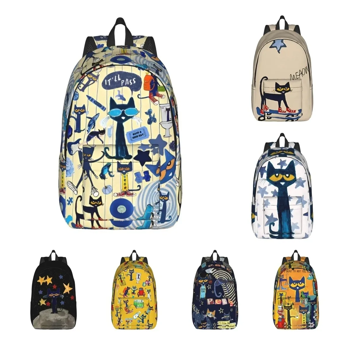 pete the cat sac à dos décontracté avec poche pour étudiants, sac à dos de travail, sac à dos de dessin animé pour hommes et femmes, sac à bandoulière pour ordinateur portable