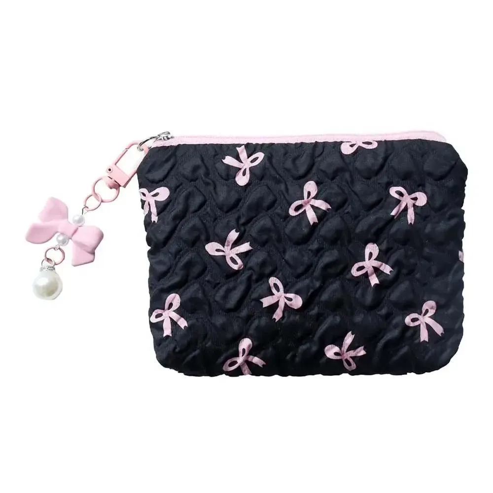 mini trousse de maquillage bow pour femme, sac de toilette de voyage, jolie pochette à monnaie, étui léger pour rouge à lèvres, sac de rangement gaufré