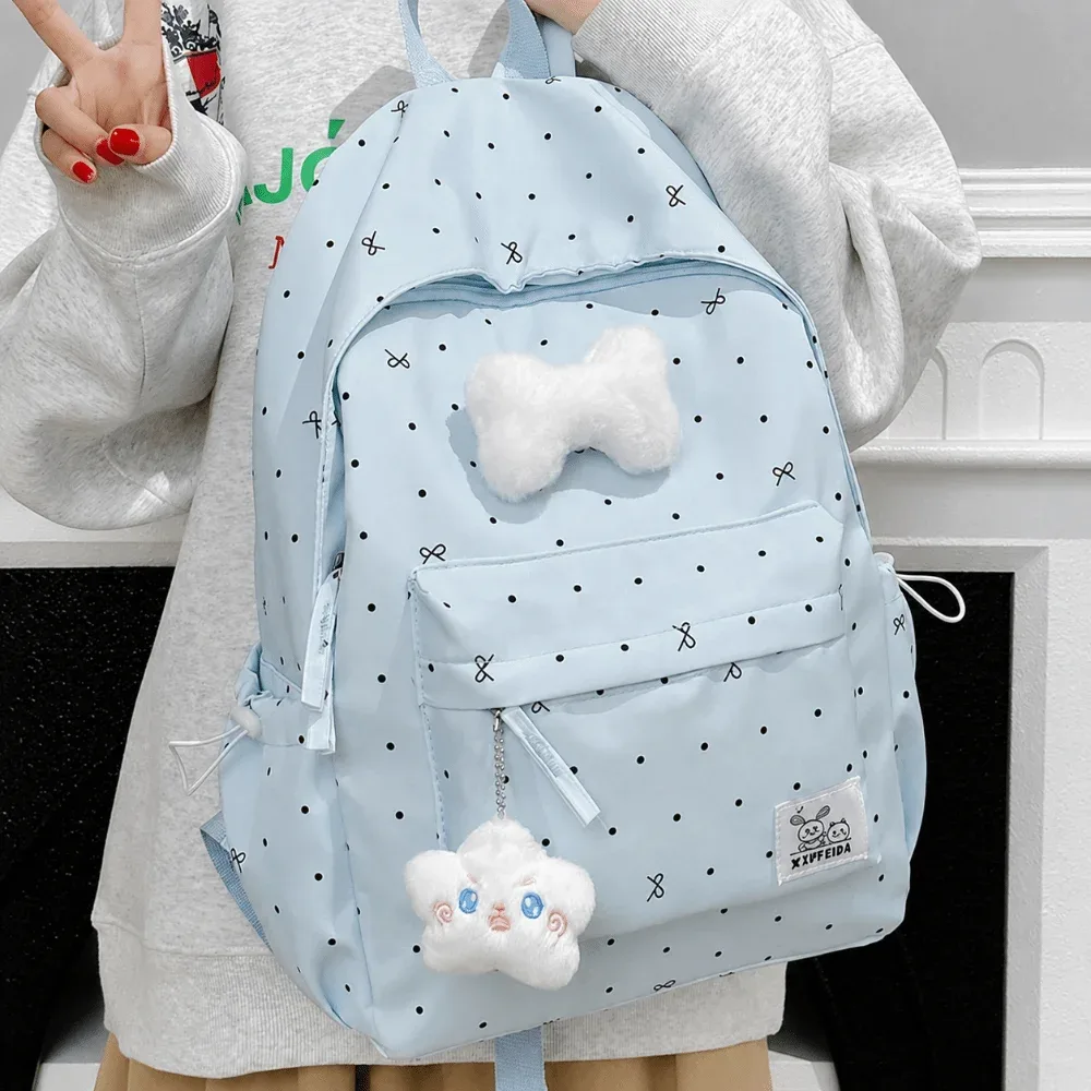 sac à dos léger et mignon à pois avec nœud, décontracté, pour étudiants, polyvalent, respirant, grande capacité, pour l'école et l'université