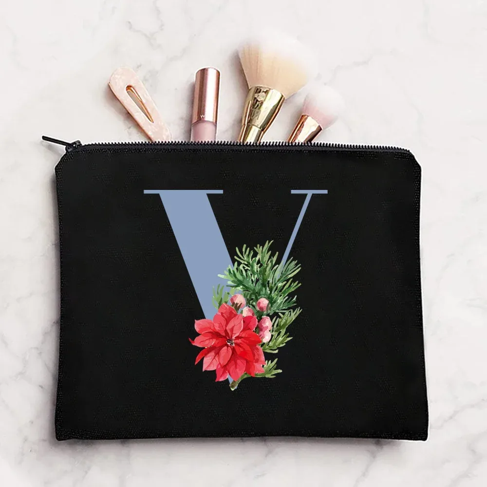 sac à cosmétiques en tissu pour femmes, pochette de maquillage, sac de voyage, rouge à lèvres, étuis de rangement, pochette à fermeture éclair, porte-monnaie de téléphone, initiales bleues imprimées
