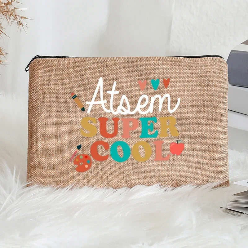 super atsem maitresse – trousse de toilette en lin, fermeture éclair, fournitures de bureau, trousse à crayons, portefeuille, sacs de maquillage polyvalents, cadeau pour les enseignants