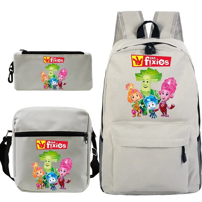 3 pièces nouveau ensemble de sac à dos imprimé the fixies avec sacs à bandoulière trousse à crayons cartable léger pour enfants sac à dos de voyage en plein air