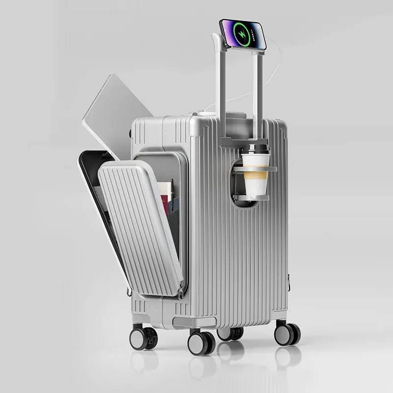 valise multifonctionnelle à ouverture frontale à trois ouvertures, nouveau style, matériau pc de 20 pouces avec poches doubles latérales, tra de grande capacité