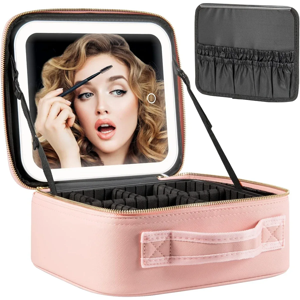 Trousse de maquillage avec miroir LED, grande mallette de voyage, organisateur de cosmétiques, sacs de maquillage avec 3 lumières colorées et séparateurs réglables