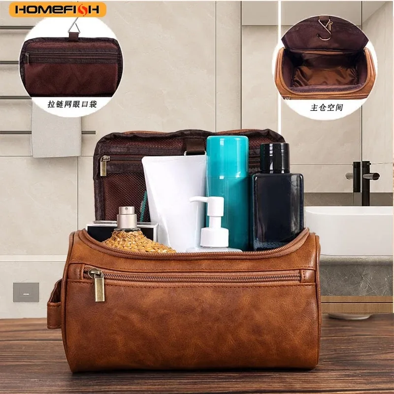 homefish trousse de toilette homme en pu vintage de luxe, sac de voyage essentiel pour cosmétiques et maquillage, organisateur suspendu pour hommes