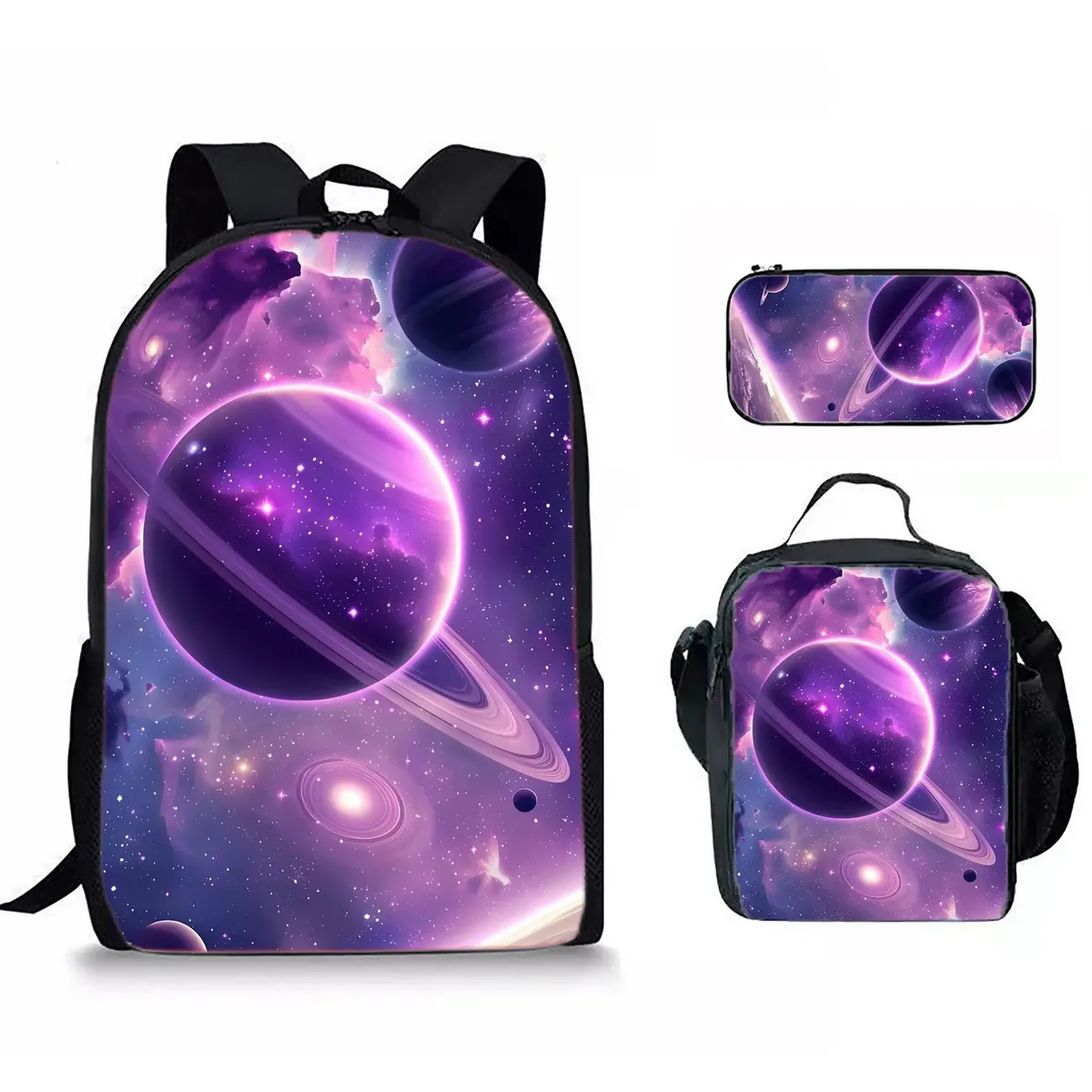 sacs de voyage pour étudiants, sac à dos pour ordinateur portable, sac à déjeuner, trousse à crayons, imprimé 3d hip hop youthful novelty space planet, 3 pièces/ensemble