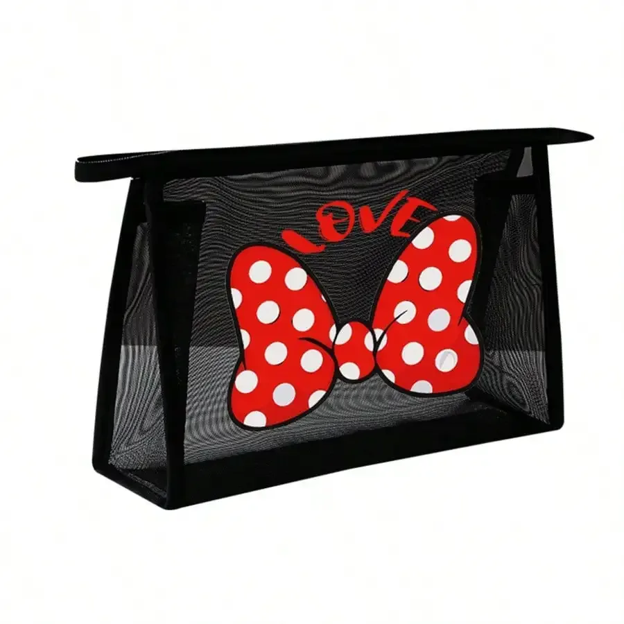 sac à cosmétiques de voyage en maille avec nœud noir, 1 pièce, trousse de maquillage à fermeture éclair pour femmes, trousse de toilette de lavage, organisateur de maquillage, pochette de rangement portable