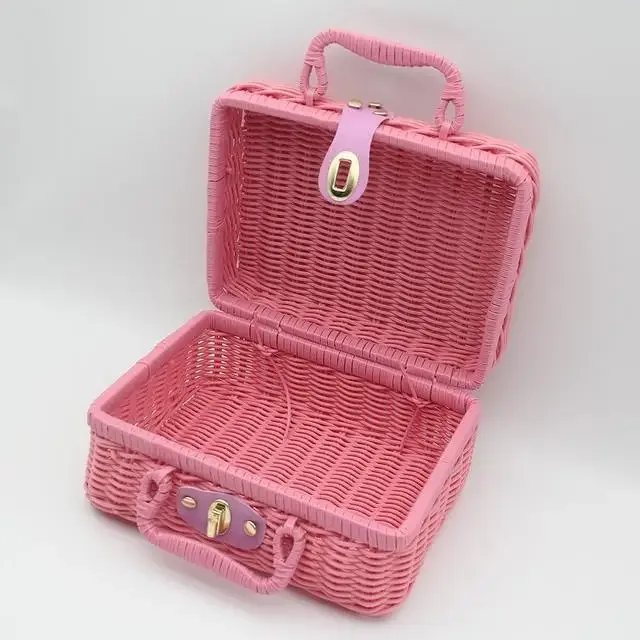 1 pc paniers de rattan panier de stockage de pique-nique valise en acier avec boîte-cadeau à la main boîte de stockage cosmétique tissée organisation de stockage