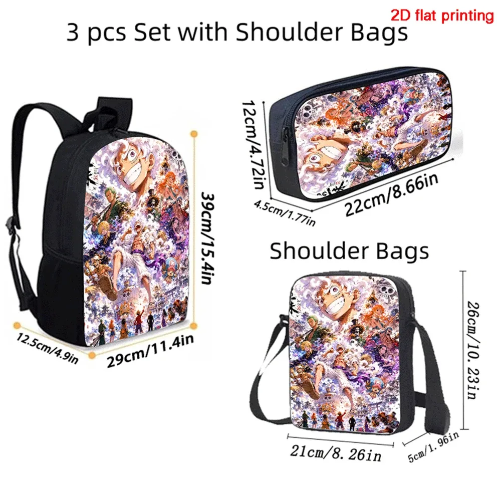 Sac à dos scolaire One Piece 15 pouces, 3 pièces, léger et durable, avec sac bandoulière et trousse à crayons pour garçons et filles de 6 à 10 ans