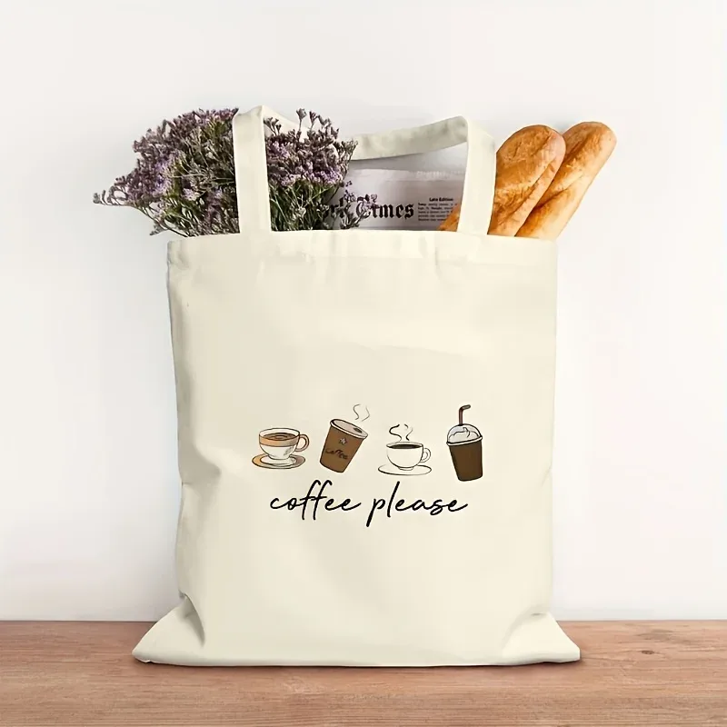 un sac à bandoulière imprimé avec la mention « coffee please », motif de quatre tasses de café, impression minimaliste de latte, de tasses à emporter et de café glacé.