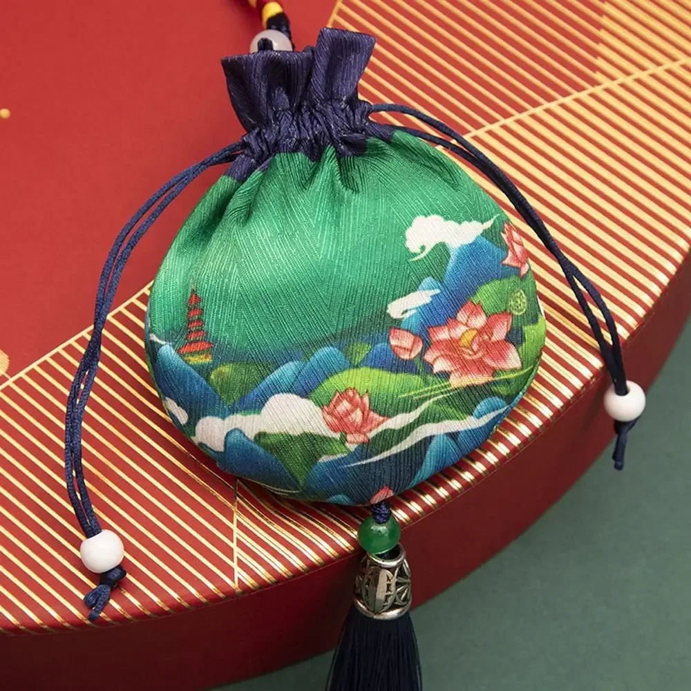 pochette à cordon en tissu à motif floral avec pompon, sac à bijoux pour femme, sac de rangement de style chinois