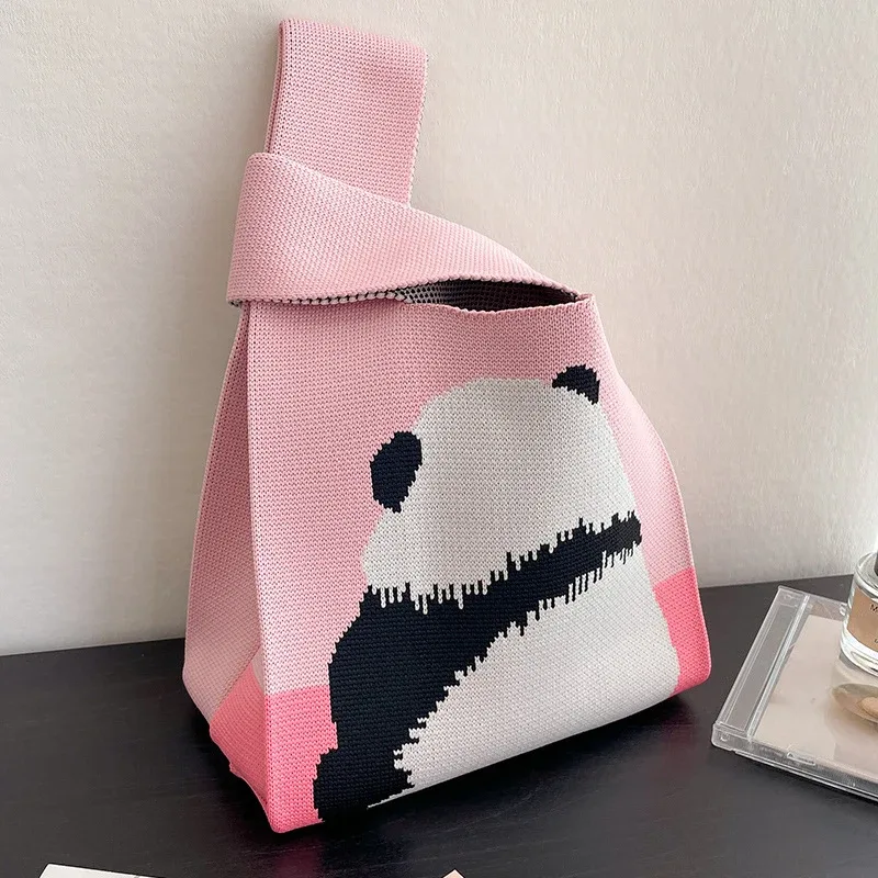 sac à main en tricot fait à la main pour femme, mini sac de poignet à nœud, sac fourre-tout à carreaux à large rayure, sacs à provisions réutilisables pour étudiants, document décontracté japonais