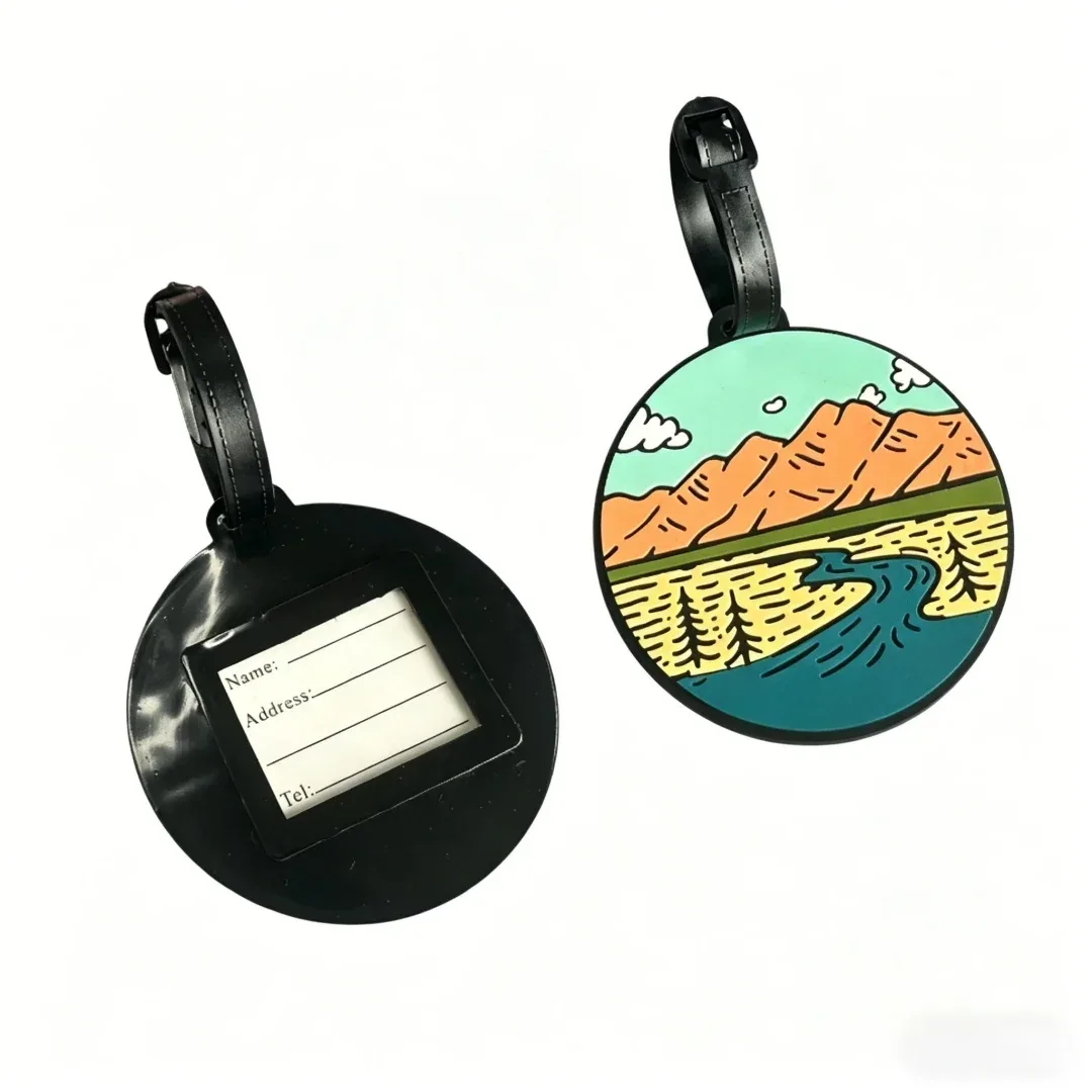 étiquette de bagage en caoutchouc souple de la série paysages naturels circulaires, un élément de voyage magnifique pour les amateurs de plein air, les voyageurs et les navetteurs