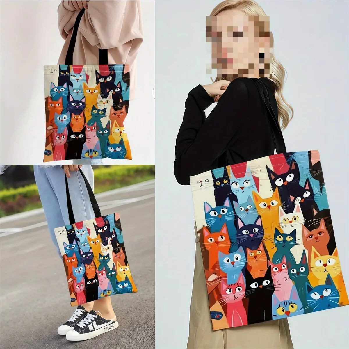 sac à main décontracté imprimé chaton coloré, sac à dos réutilisable à la mode, sac à main multifonctionnel, sac de courses imprimé 40x40cm