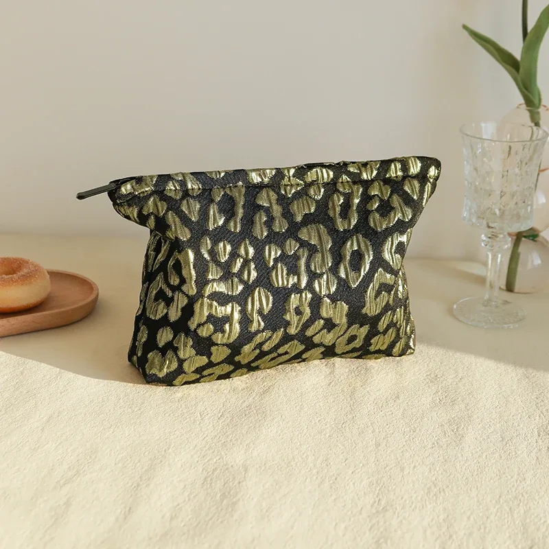 trousse de maquillage pour femmes, toile imprimée léopard doré, trousse de rangement de cosmétiques de grande capacité, trousse de toilette portable, trousse de voyage