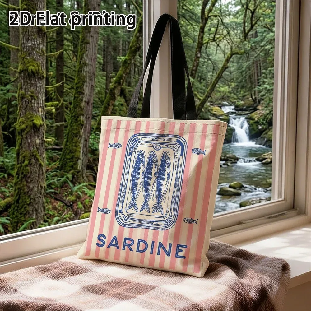 sac fourre-tout au design rétro vibrant motif sardine, sacs d'épicerie légers et réutilisables avec bretelles fixes, pour le shopping et l'usage quotidien