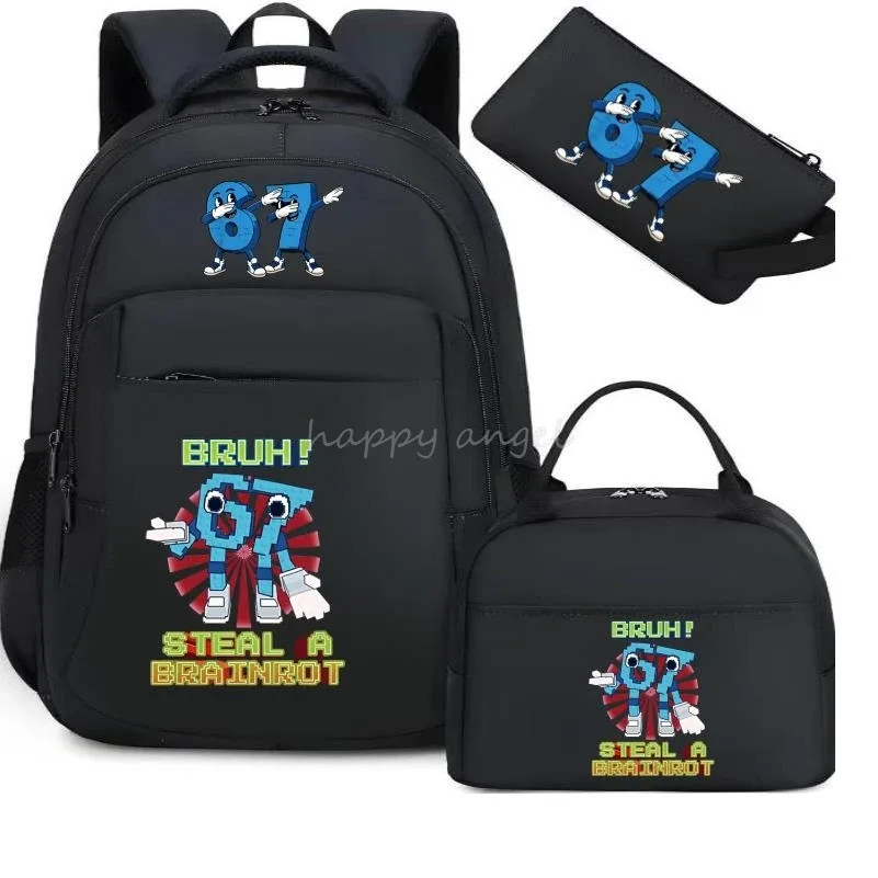 3 pièces/ensembles volez un brainrot sac à dos avec sac à déjeuner pour 67 six sept adolescents étudiants sacs d'école décontracté confortable ensemble de voyage