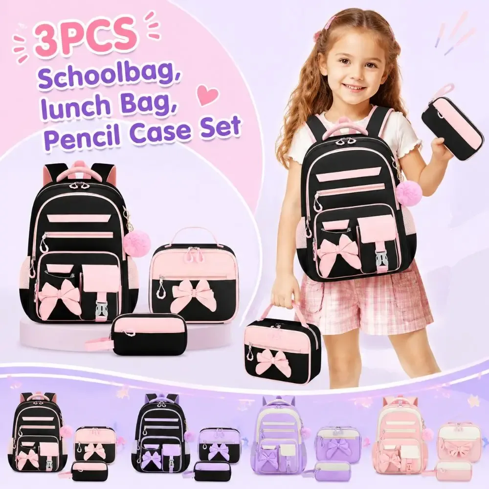 ensemble de 3 sacs à dos, sac à lunch et trousse à crayons en tissu oxford, grande capacité, nœud papillon, imperméable et léger