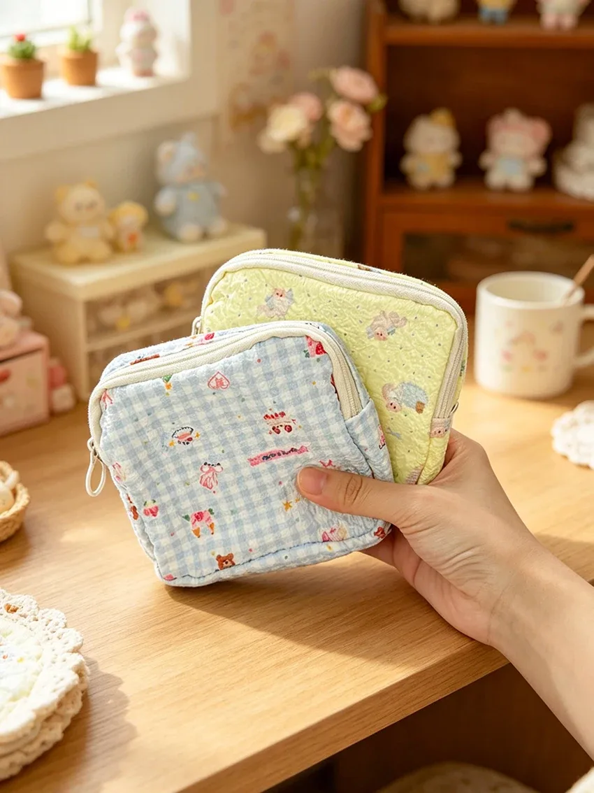 Sac de rangement et de maquillage imprimé de dessins animés, pochette portable à fermeture éclair pour serviettes hygiéniques, bijoux, pièces de monnaie et articles divers