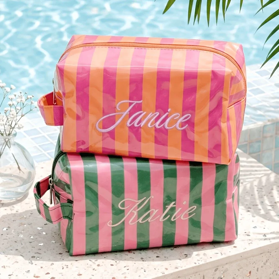 pochette cosmétique rayée personnalisée, imperméable, multifonctionnelle, portable, idéale pour les voyages, parfaite pour les mariages et les cadeaux de plage d'été