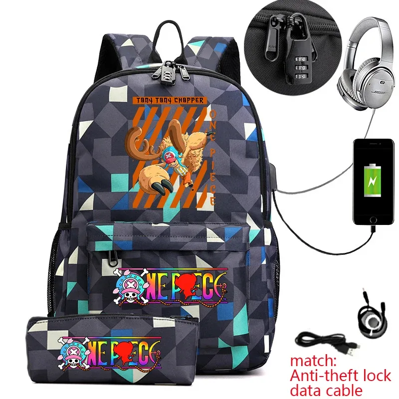 sac à dos antivol pour étudiants avec imprimé tony chopper, avec trousse à crayons, sac à dos décontracté pour garçons, filles et adolescents