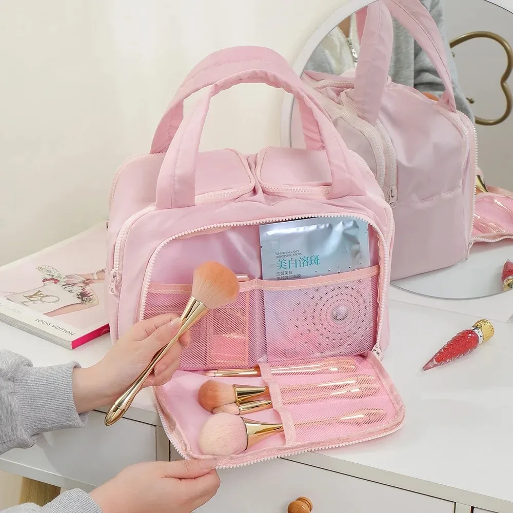 grande trousse de maquillage de voyage 180 °   organisateur de toilette à large ouverture, trousse à cosmétiques rembourrée résistante à l'eau avec poignée pour bouteilles pleines grand format
