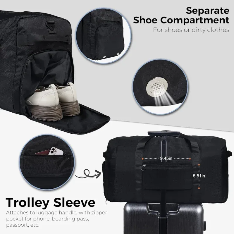 sac de voyage pliable, sac de sport, sac de gym avec compartiment pour chaussures, sac à main avec séparation humide/sec