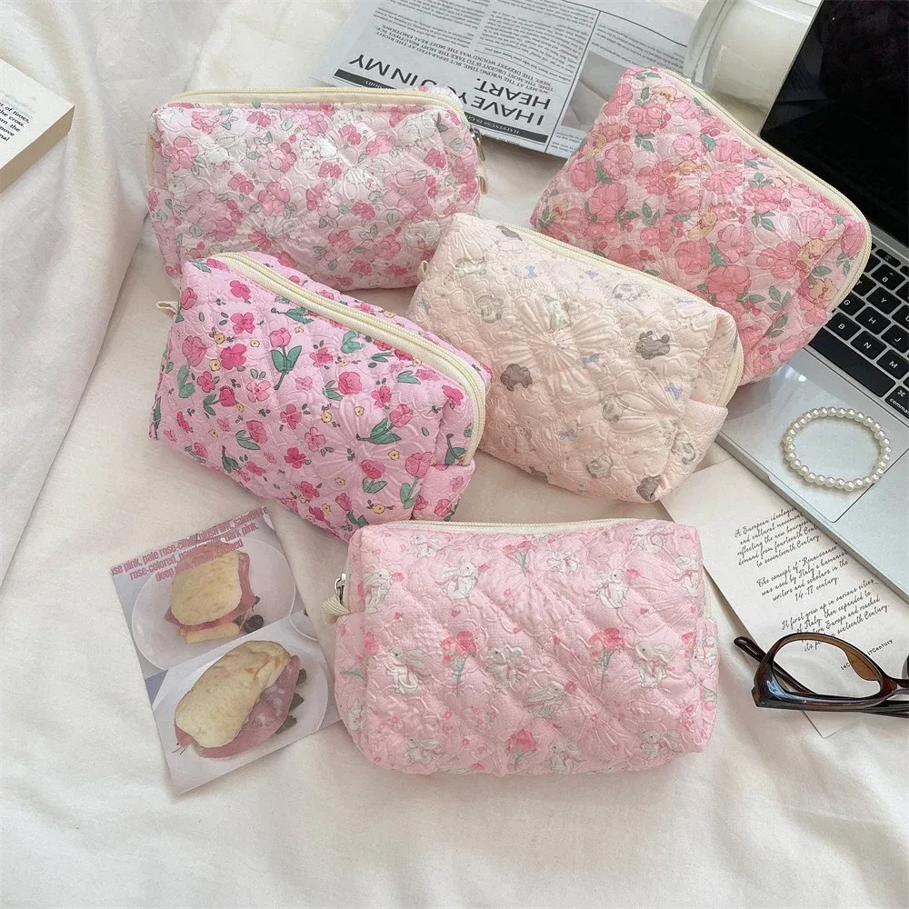 sacs à cosmétiques à brosse carrée de dessin animé mignon, sac de maquillage à fleurs roses pour femmes, organisateur de voyage, pochette à cosmétiques, trousse à crayons pour filles
