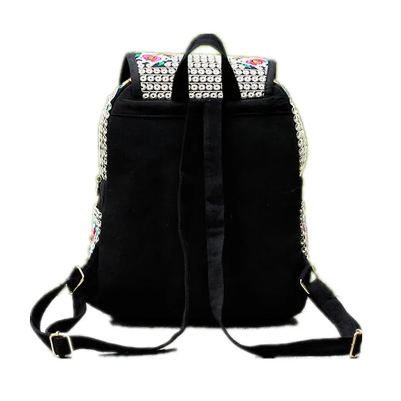 sac à dos vintage en toile brodée florale, sac à dos ethnique décontracté pour filles avec plusieurs poches, cartable à rabat, sac de voyage pour dames