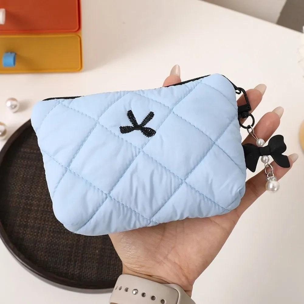 sac de maquillage en coton matelassé, sac de rangement pour serviettes hygiéniques, coquette à nœud, pochette pour écouteurs de rouge à lèvres de grande capacité