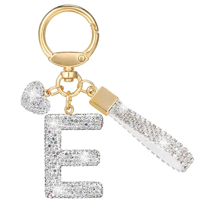 porte-clés avec lettres blanches brillantes, alphabet a-z pour porte-clés de voiture/sac à dos et cadeau avec lanière ajoutée
