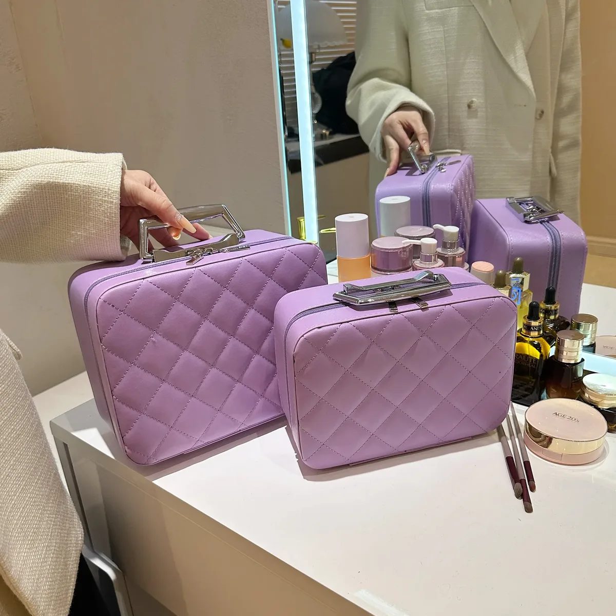 sac à cosmétiques portable en cuir argyle pour femme, multifonction, étanche, rangement de voyage, organisateur, sac à main, miroir, étui de maquillage