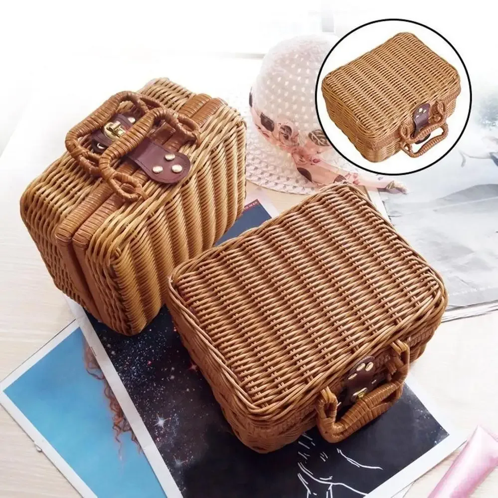 1 pc paniers de rattan panier de stockage de pique-nique valise en acier avec boîte-cadeau à la main boîte de stockage cosmétique tissée organisation de stockage