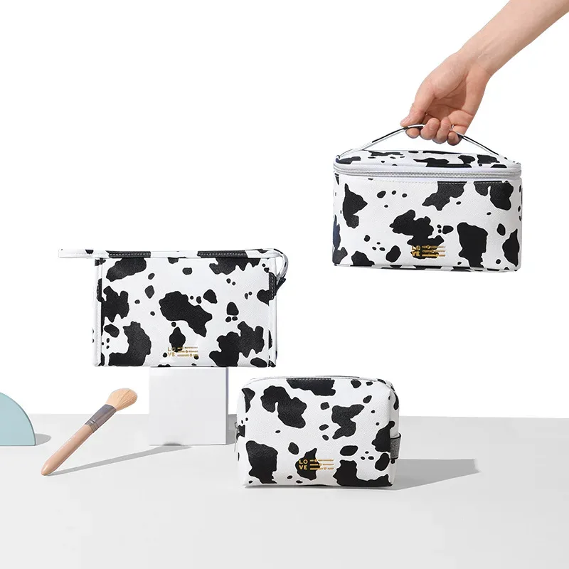 pochette de maquillage mignonne à la mode, trousse de toilette portable imprimée vache, organisateur multifonctionnel à fermeture éclair pour vacances, camping, fête