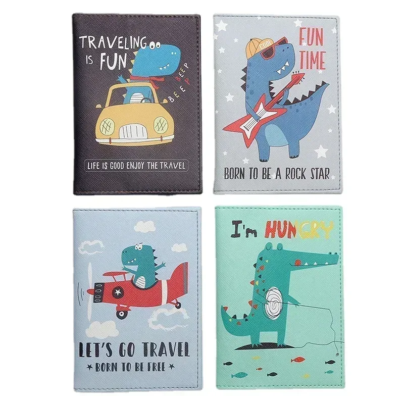 Couverture de passeport imprimée dinosaure de dessin animé pour enfants, porte-passeport étanche en cuir PU, porte-carte d'identité, accessoires de voyage