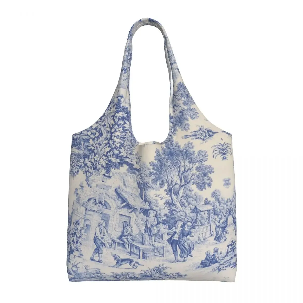 toile de jouy française classique vintage personnalisée, fourre-tout à motif bleu marine, fourre-tout de shopping en toile réutilisable, sac à bandoulière