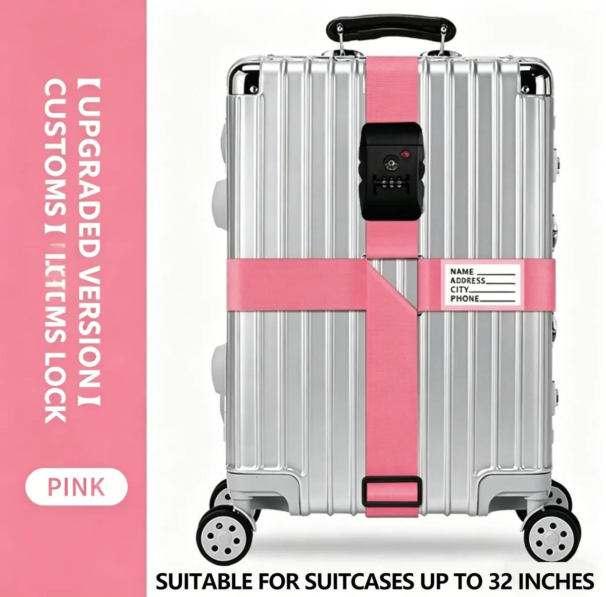 sangle de bagage croisée avec serrure tsa, sangle de valise à longueur réglable avec étiquette d'identification transparente, ceinture de voyage durable pour bagages
