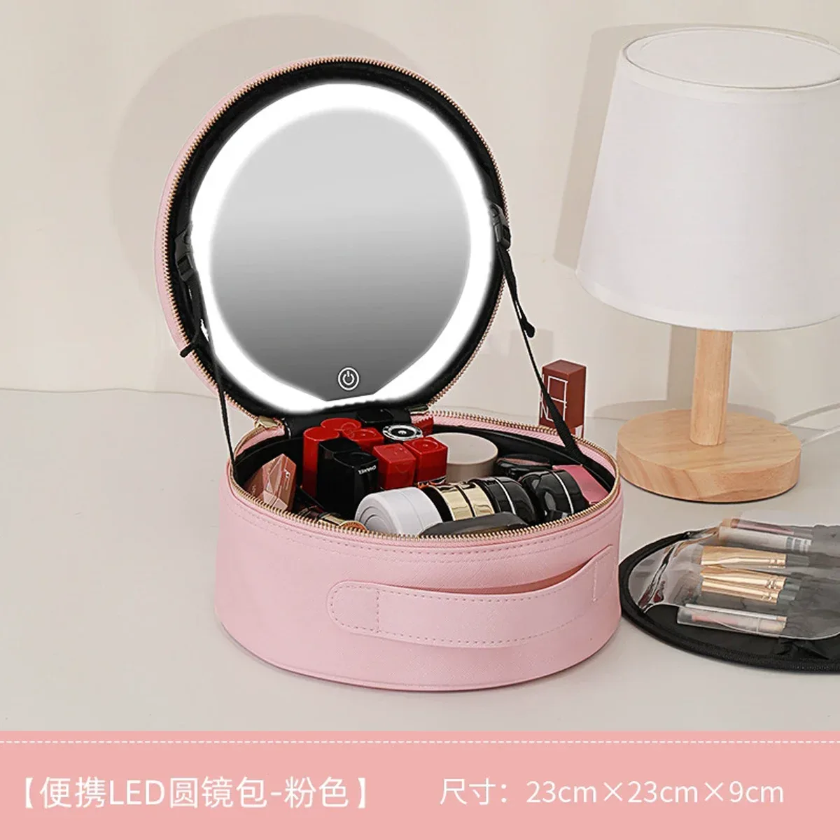 sac à cosmétiques circulaire avec lumière led miroir, sac de rangement de cosmétiques portable de grande capacité pour voyages d'affaires, étui à cosmétiques