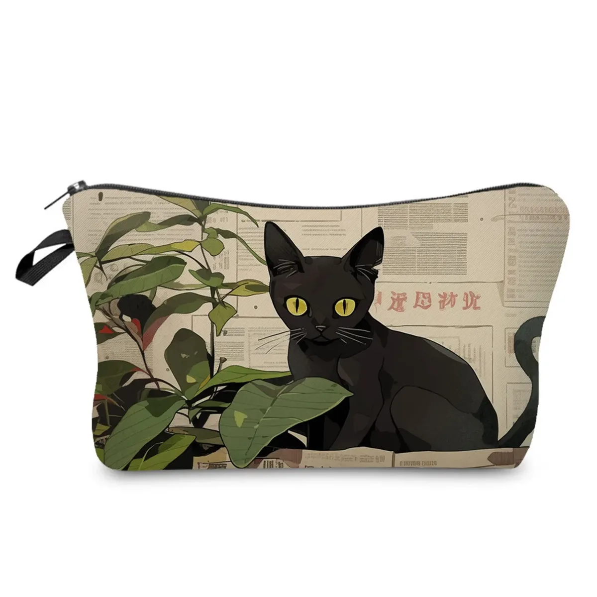 sacs de maquillage college chat noir pour femmes, sacs de rangement portables de voyage, impression d'animaux kawaii décontractés, sacs à cosmétiques double face avec fermeture éclair